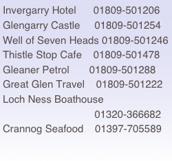 Invergarry Hotel      01809-501206
Glengarry Castle     01809-501254
Well of Seven Heads 01809-501246
Thistle Stop Cafe    01809-501478
Gleaner Petrol       01809-501288
Great Glen Travel    01809-501222
Loch Ness Boathouse
                                01320-366682 Crannog Seafood    01397-705589


